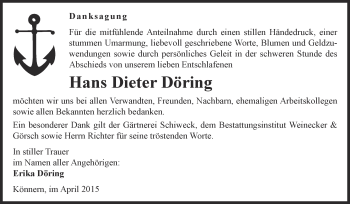 Traueranzeige von Hans Dieter Döring von Super Sonntag Bernburg