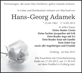 Traueranzeige von Hans-Georg Adamek von WVG - Wochenspiegel Dessau / Köthen