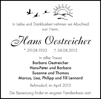 Traueranzeige von Hans Oestreicher von Mitteldeutsche Zeitung Zeitz