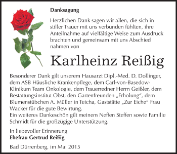 Traueranzeige von Karlheinz Reißig von Mitteldeutsche Zeitung Merseburg/Querfurt