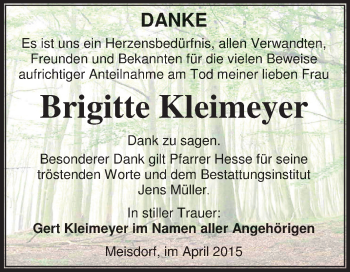 Traueranzeige von Brigitte Kleimeyer von Super Sonntag Aschersleben