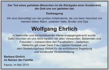 Traueranzeige von Wolfgang Ehrlich von Mitteldeutsche Zeitung Zeitz