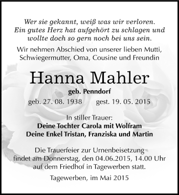 Traueranzeige von Hanna Mahler von Mitteldeutsche Zeitung Weißenfels
