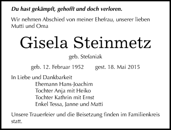 Traueranzeige von Gisela Steinmetz von Mitteldeutsche Zeitung Bitterfeld
