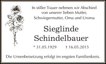 Traueranzeige von Sieglinde Schindelbauer von Super Sonntag Bernburg
