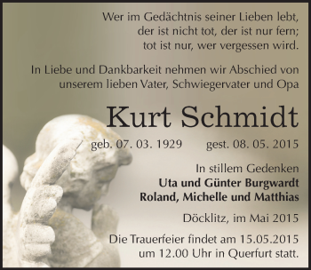 Traueranzeige von Kurt Schmidt von Mitteldeutsche Zeitung Merseburg/Querfurt
