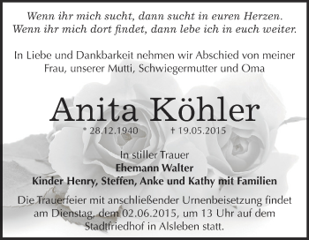 Traueranzeige von Anita Köhler von Super Sonntag Bernburg