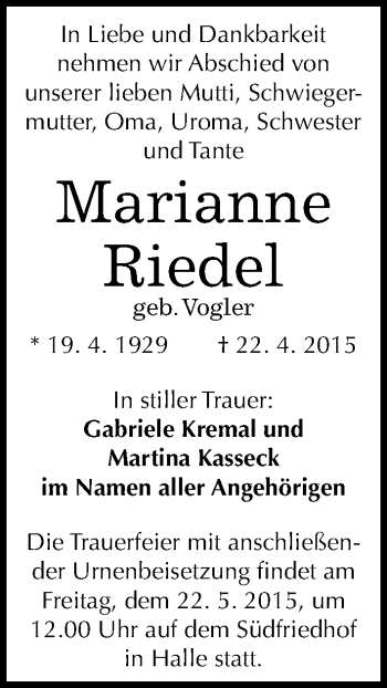 Traueranzeige von Marianne Riedel von Mitteldeutsche Zeitung Halle/Saalkreis