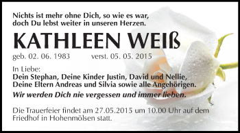 Traueranzeige von Kathleen Weiß von WVG - Wochenspiegel NMB / WSF / ZTZ