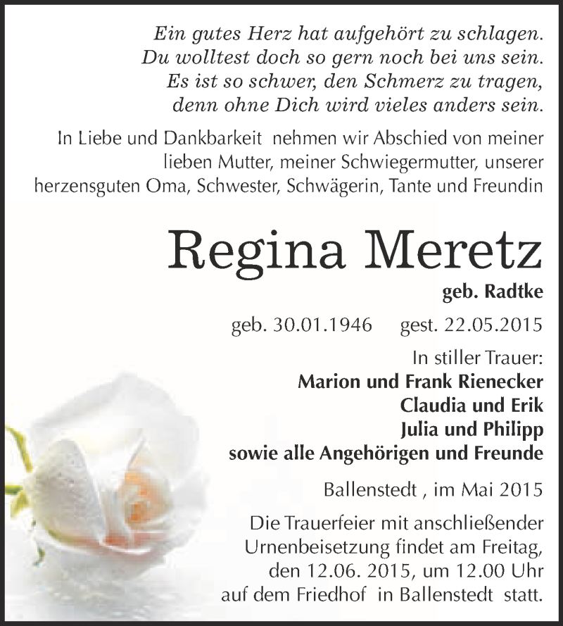  Traueranzeige für Regina Meretz vom 31.05.2015 aus WVG - Wochenspiegel Quedlinburg