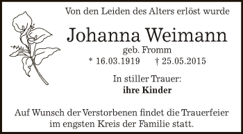 Traueranzeige von Johanna Weimann von WVG - Wochenspiegel Dessau / Köthen