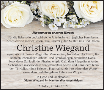 Traueranzeige von Christine Wiegand von Mitteldeutsche Zeitung Mansfelder Land
