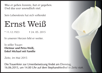 Traueranzeige von Ernst Weiß von Mitteldeutsche Zeitung Zeitz