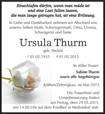 Traueranzeige von Ursula Thurm von Mitteldeutsche Zeitung Köthen