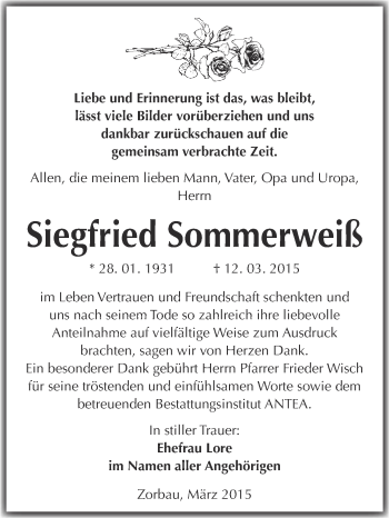 Traueranzeige von Siegfried Sommerweiß von WVG - Wochenspiegel NMB / WSF / ZTZ