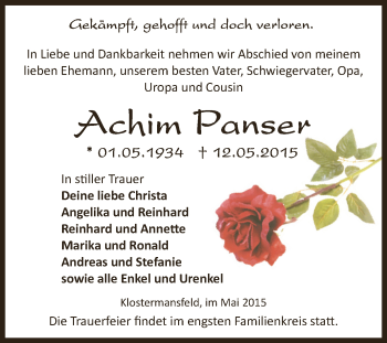 Traueranzeige von Achim Panser von Wochenspiegel Mansfelder Land
