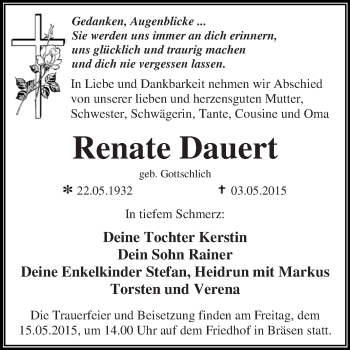 Traueranzeige von Renate Dauert von WVG - Wochenspiegel Dessau / Köthen