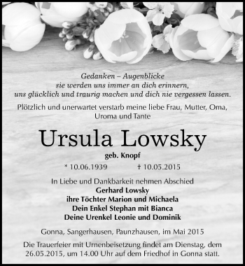 Traueranzeige von Ursula Lowsky von Mitteldeutsche Zeitung Sangerhausen