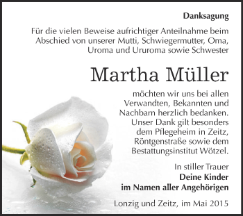 Traueranzeige von Martha Müller von Super Sonntag Zeitz