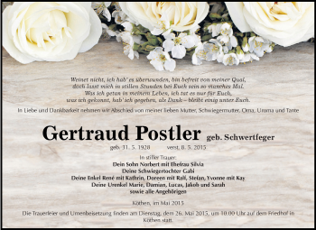Traueranzeige von Gertraud Postler von WVG - Wochenspiegel Dessau / Köthen