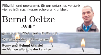 Traueranzeige von Bernd Oeltze von Mitteldeutsche Zeitung Naumburg/Nebra