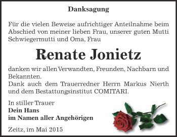 Traueranzeige von Renate Jonietz von Super Sonntag Zeitz