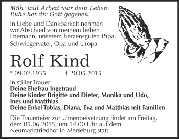 Traueranzeige von Rolf Kind von Super Sonntag Merseburg
