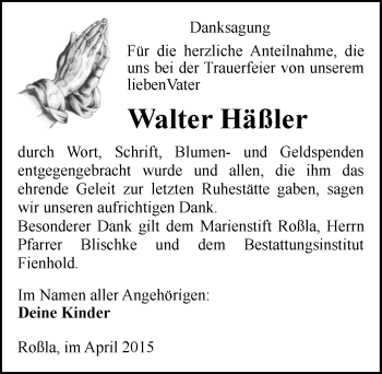 Traueranzeige von Walter Häßler von Mitteldeutsche Zeitung Sangerhausen