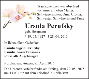 Traueranzeige von Ursula Perufsky von Super Sonntag SGH Mansf. Land