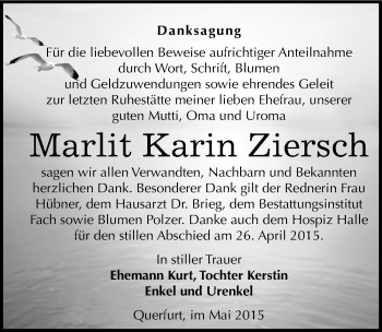 Traueranzeige von Marlit Karin Ziersch von Mitteldeutsche Zeitung Merseburg/Querfurt