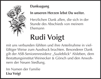Traueranzeige von Rudi Voigt von Super Sonntag Bernburg