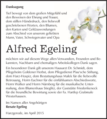 Traueranzeige von Alfred Egeling von WVG - Wochenspiegel Quedlinburg