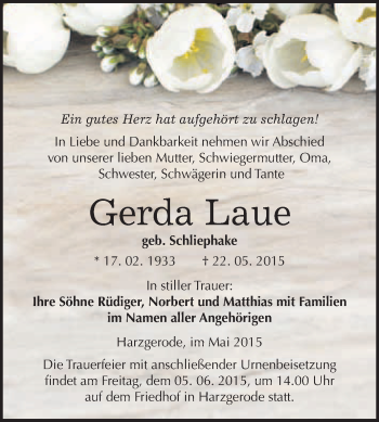 Traueranzeige von Gerda Laue von WVG - Wochenspiegel Quedlinburg