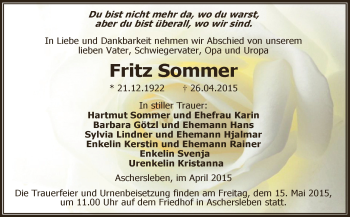 Traueranzeige von Fritz Sommer von Super Sonntag Aschersleben