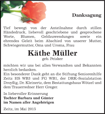 Traueranzeige von Käthe Müller von Mitteldeutsche Zeitung Zeitz