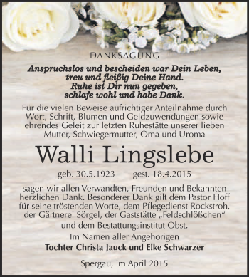 Traueranzeige von Walli Lingslebe von Super Sonntag Merseburg