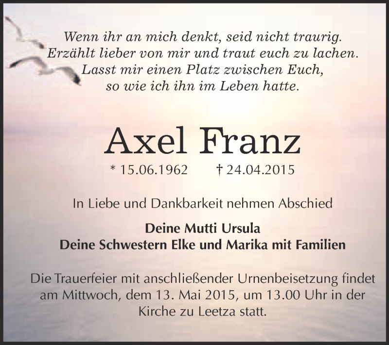  Traueranzeige für Axel Franz vom 03.05.2015 aus WVG - Wochenspiegel Wittenberg