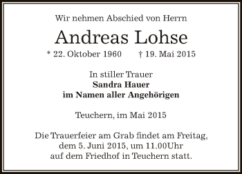 Traueranzeige von Andreas Lohse von Super Sonntag Zeitz