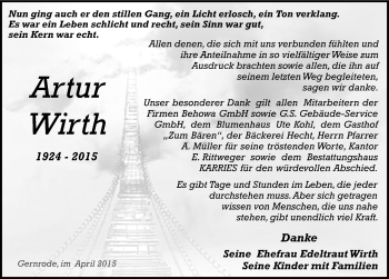 Traueranzeige von Artur Wirth von Mitteldeutsche Zeitung Quedlinburg