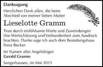 Traueranzeige von Lieselotte Gramm von Mitteldeutsche Zeitung Sangerhausen