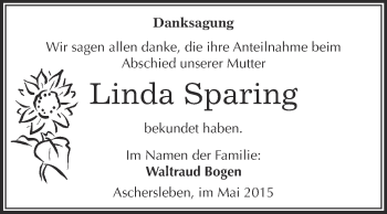 Traueranzeige von Linda Sparing von Super Sonntag Aschersleben