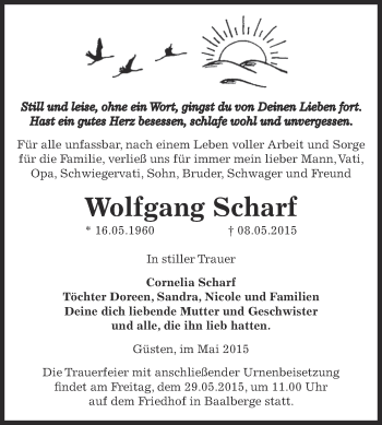 Traueranzeige von Wolfgang Scharf von Super Sonntag Bernburg