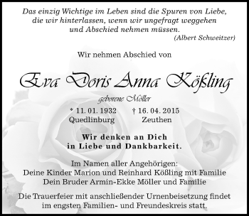 Traueranzeige von Eva Doris Anna Kößling von Mitteldeutsche Zeitung Dessau-Roßlau