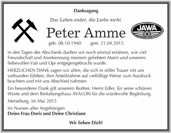 Traueranzeige von Peter Amme von WVG - Wochenspiegel Merseburg