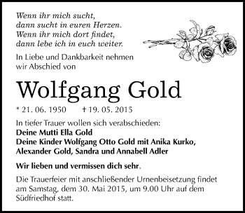 Traueranzeige von Wolfgang Gold von Mitteldeutsche Zeitung Halle/Saalkreis