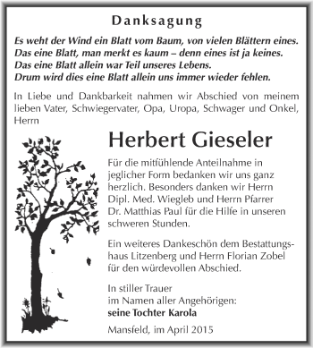 Traueranzeige von Herbert Gieseler von Wochenspiegel Mansfelder Land