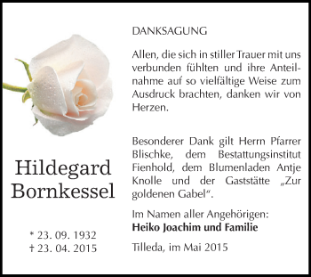 Traueranzeige von Hildegard Bornkessel von WVG - Wochenspiegel SGH