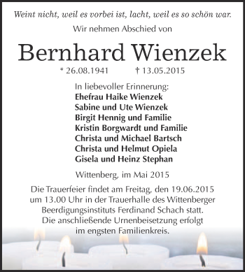 Traueranzeige von Bernhard Wienzek von WVG - Wochenspiegel Wittenberg