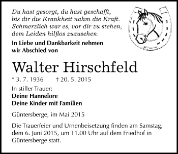 Traueranzeige von Walter Hirschfeld von Mitteldeutsche Zeitung Quedlinburg