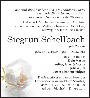 Traueranzeige von Siegrun Schellbach von Mitteldeutsche Zeitung Quedlinburg